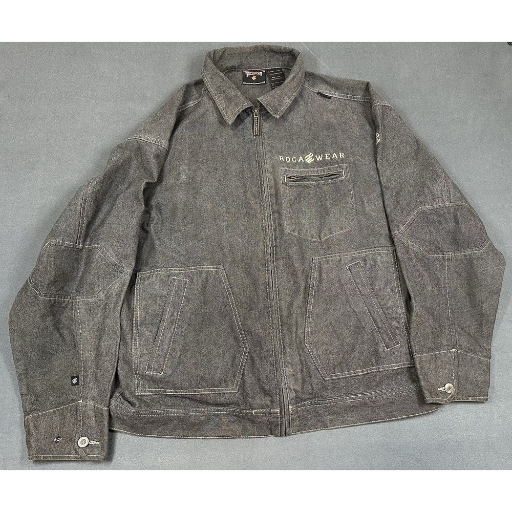 Vintage Y2K Rocawear Denim Jacket Mens Size XL Full Zip 100% Cotton Embroidered